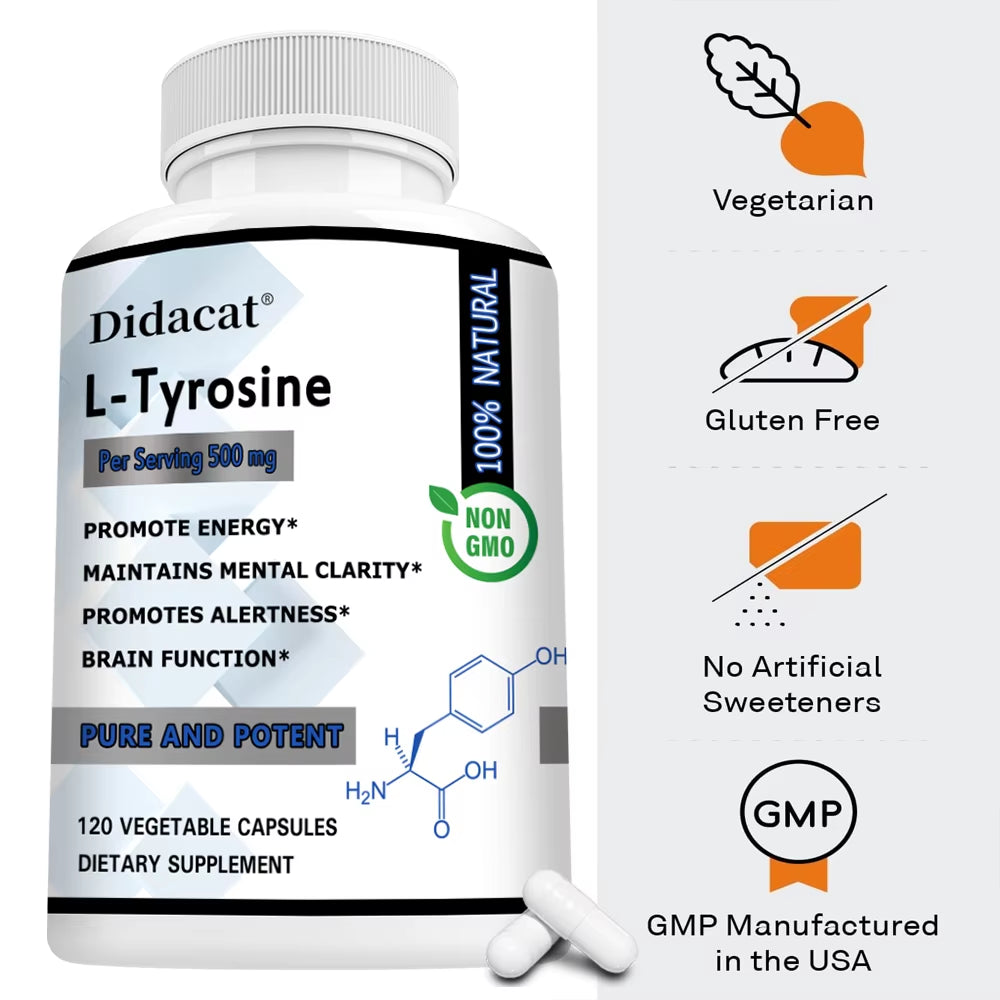L-Tyrosine 500 Mg,Highly Absorbable,Supports Mood and Focus,Improves Cognitive and Mental Clarity,And Supports Thyroid Function