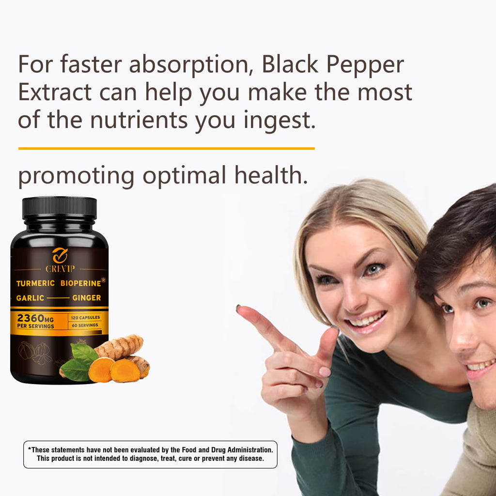 4-In-1 Turmeric Ginger Supplement - Garlic, Turmeric Root, Black Pepper - Joints, Immune Support, Digestion - 120 Capsules