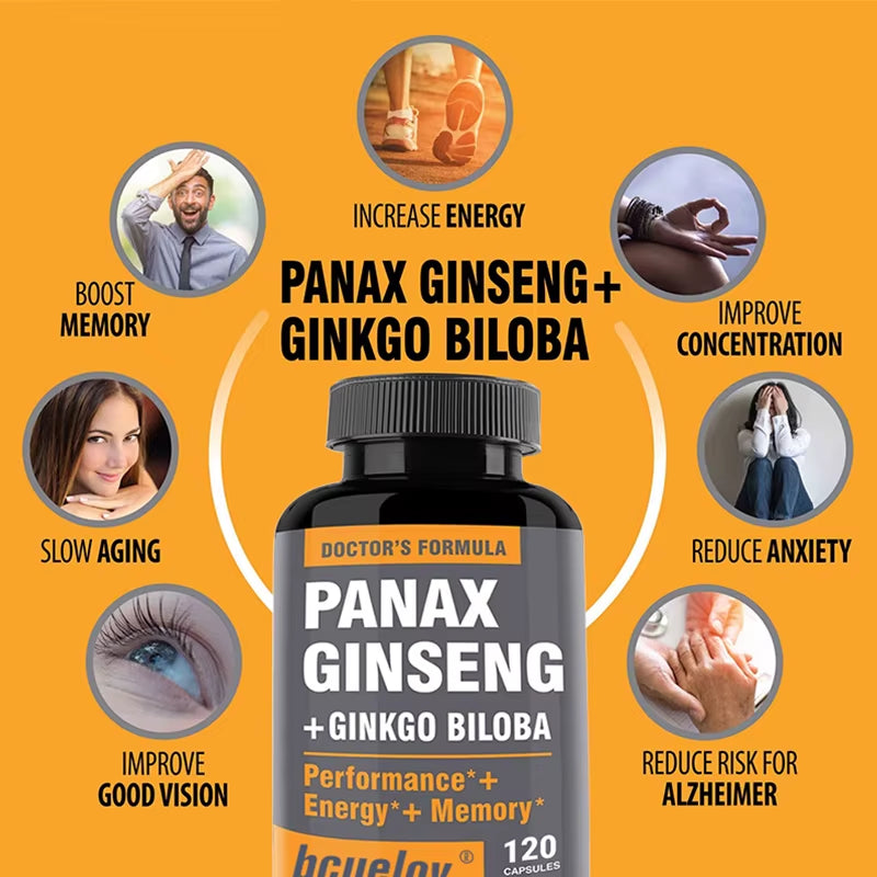 Ginseng + Ginkgo Biloba Extract Capsules - Helps Improve Energy and Vitality, Anti-Aging, Memory, Brain and Vision Health
