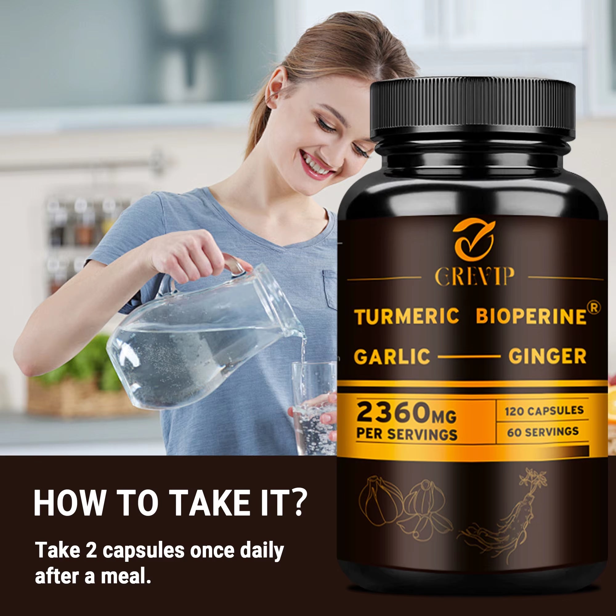 4-In-1 Turmeric Ginger Supplement - Garlic, Turmeric Root, Black Pepper - Joints, Immune Support, Digestion - 120 Capsules