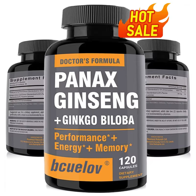 Ginseng + Ginkgo Biloba Extract Capsules - Helps Improve Energy and Vitality, Anti-Aging, Memory, Brain and Vision Health