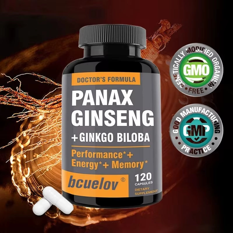Ginseng + Ginkgo Biloba Extract Capsules - Helps Improve Energy and Vitality, Anti-Aging, Memory, Brain and Vision Health
