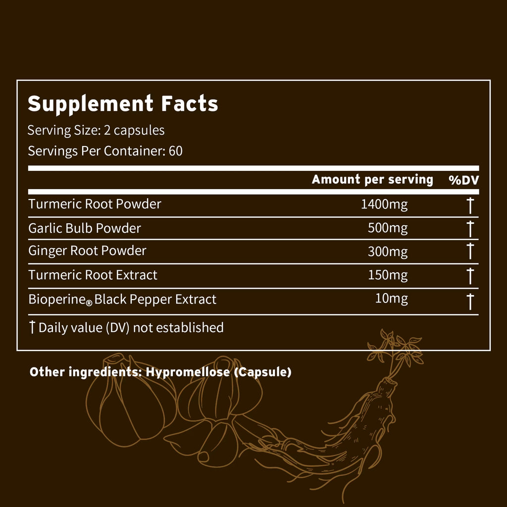 4-In-1 Turmeric Ginger Supplement - Garlic, Turmeric Root, Black Pepper - Joints, Immune Support, Digestion - 120 Capsules