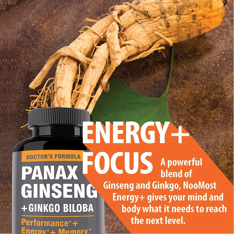 Ginseng + Ginkgo Biloba Extract Capsules - Helps Improve Energy and Vitality, Anti-Aging, Memory, Brain and Vision Health