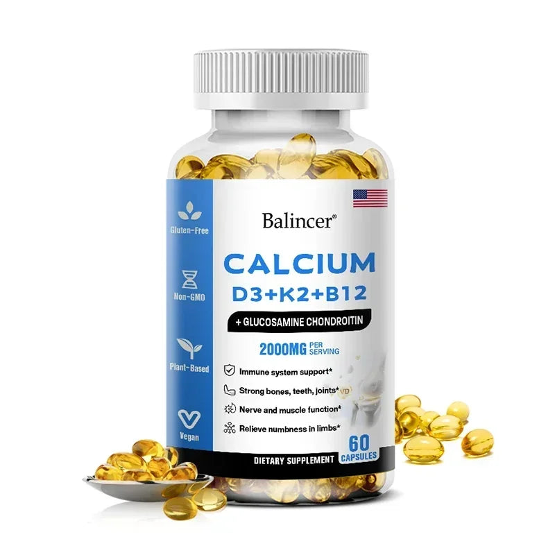 Calcium + Vitamins D3, K2 & B12 + Glucosamine Chondroitin - Supports Bone, Teeth & Muscle Health, Helps with Joint Flexibility