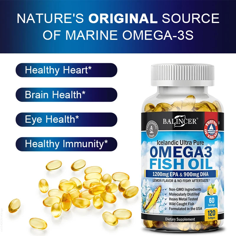 Premium Omega-3 Fish Oil Supplement - Heart & Brain Health Support with EPA & DHA - 120 Easy-to-Swallow Capsules