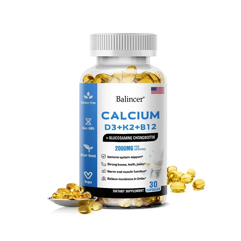 Calcium + Vitamins D3, K2 & B12 + Glucosamine Chondroitin - Supports Bone, Teeth & Muscle Health, Helps with Joint Flexibility