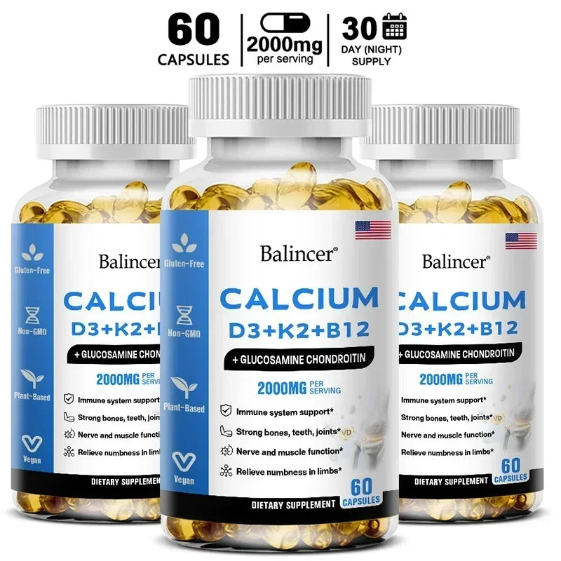 Calcium + Vitamins D3, K2 & B12 + Glucosamine Chondroitin - Supports Bone, Teeth & Muscle Health, Helps with Joint Flexibility