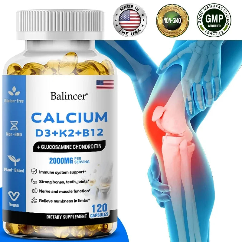 Calcium + Vitamins D3, K2 & B12 + Glucosamine Chondroitin - Supports Bone, Teeth & Muscle Health, Helps with Joint Flexibility