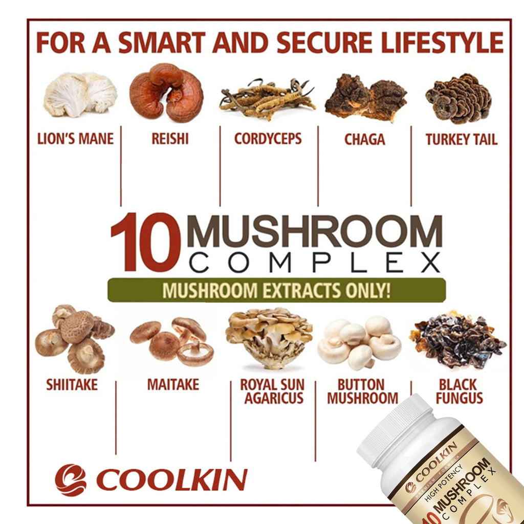 10 Mushroom Complex - Balances Mood, Immune Support, Enhances Brain Function, Memory and Cognition - 120 Capsules