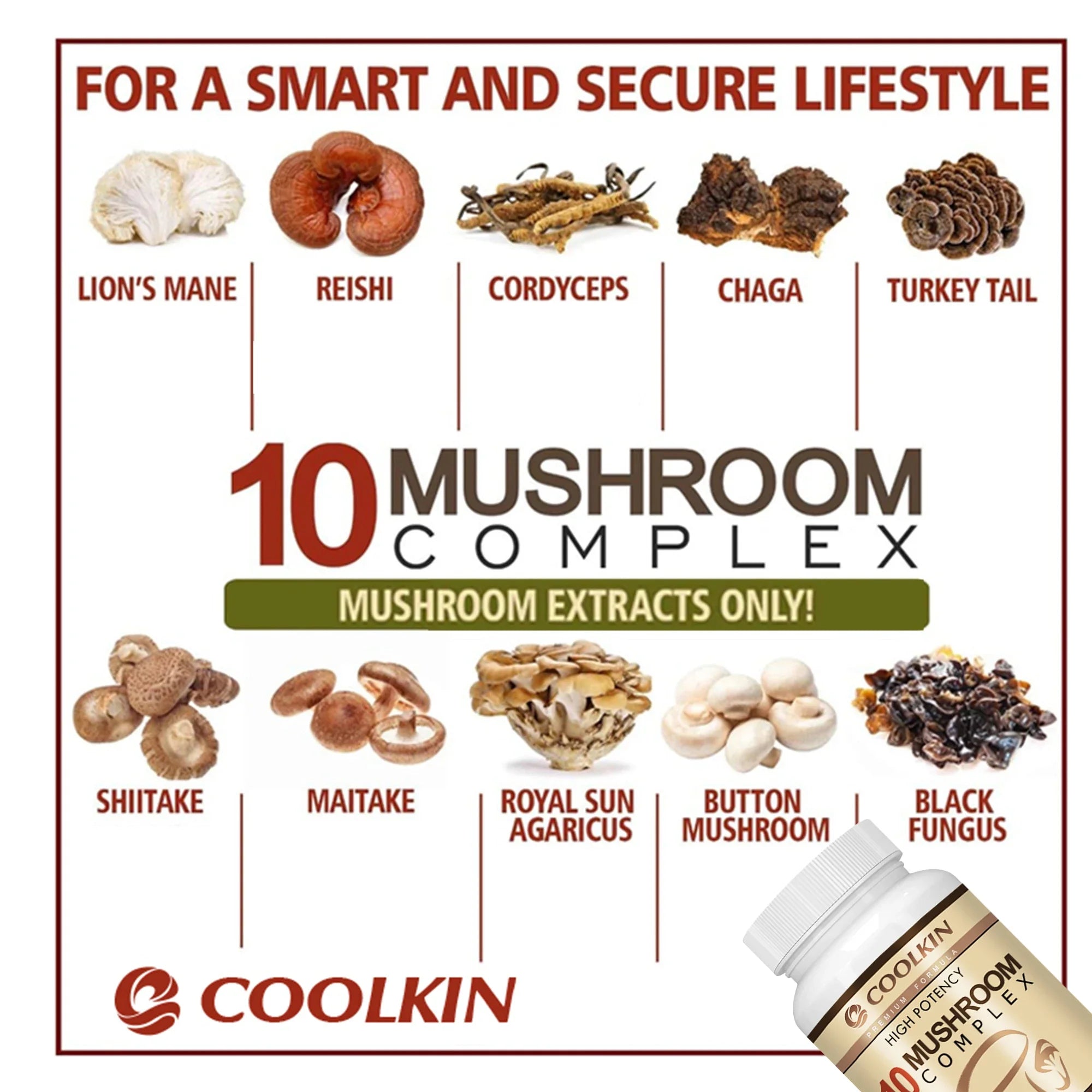 10 Mushroom Complex - Balances Mood, Immune Support, Enhances Brain Function, Memory and Cognition - 120 Capsules