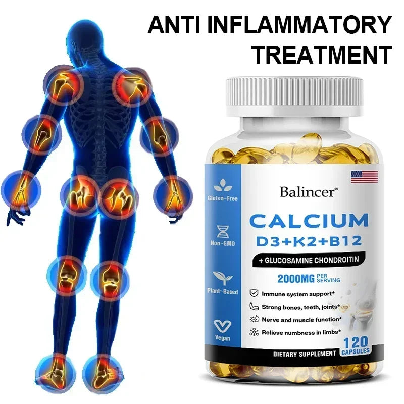 Calcium + Vitamins D3, K2 & B12 + Glucosamine Chondroitin - Supports Bone, Teeth & Muscle Health, Helps with Joint Flexibility