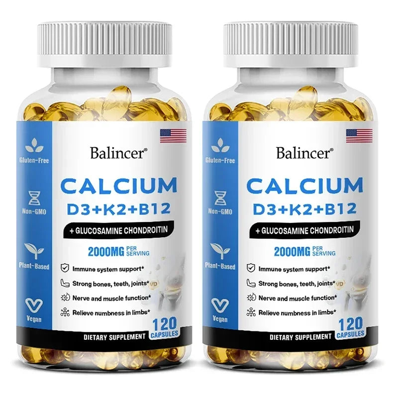 Calcium + Vitamins D3, K2 & B12 + Glucosamine Chondroitin - Supports Bone, Teeth & Muscle Health, Helps with Joint Flexibility