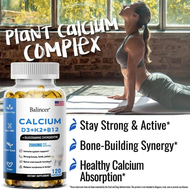Calcium + Vitamins D3, K2 & B12 + Glucosamine Chondroitin - Supports Bone, Teeth & Muscle Health, Helps with Joint Flexibility