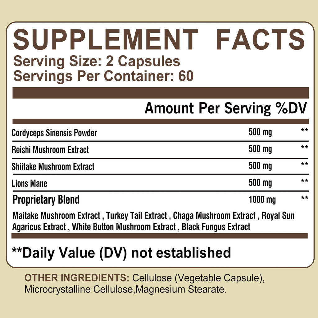 10 Mushroom Complex - Balances Mood, Immune Support, Enhances Brain Function, Memory and Cognition - 120 Capsules