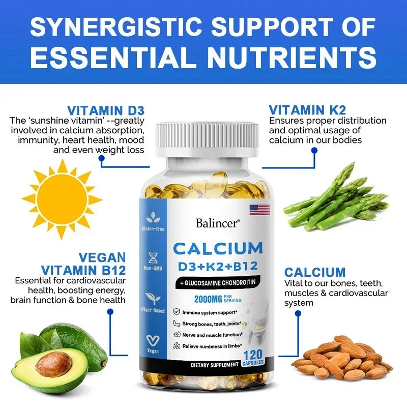 Calcium + Vitamins D3, K2 & B12 + Glucosamine Chondroitin - Supports Bone, Teeth & Muscle Health, Helps with Joint Flexibility