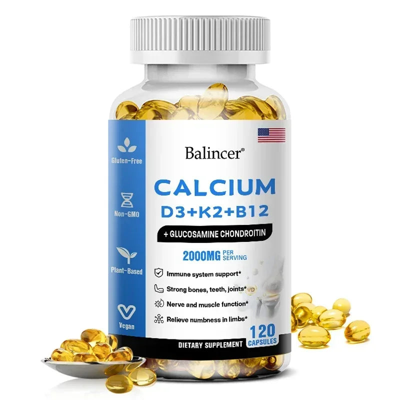 Calcium + Vitamins D3, K2 & B12 + Glucosamine Chondroitin - Supports Bone, Teeth & Muscle Health, Helps with Joint Flexibility