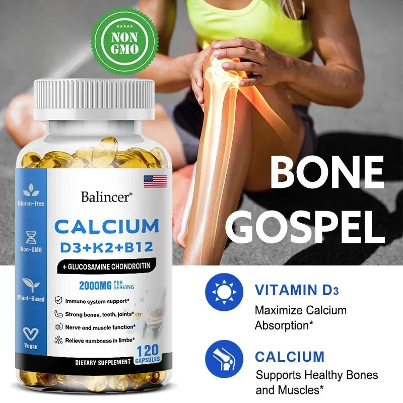 Calcium + Vitamins D3, K2 & B12 + Glucosamine Chondroitin - Supports Bone, Teeth & Muscle Health, Helps with Joint Flexibility