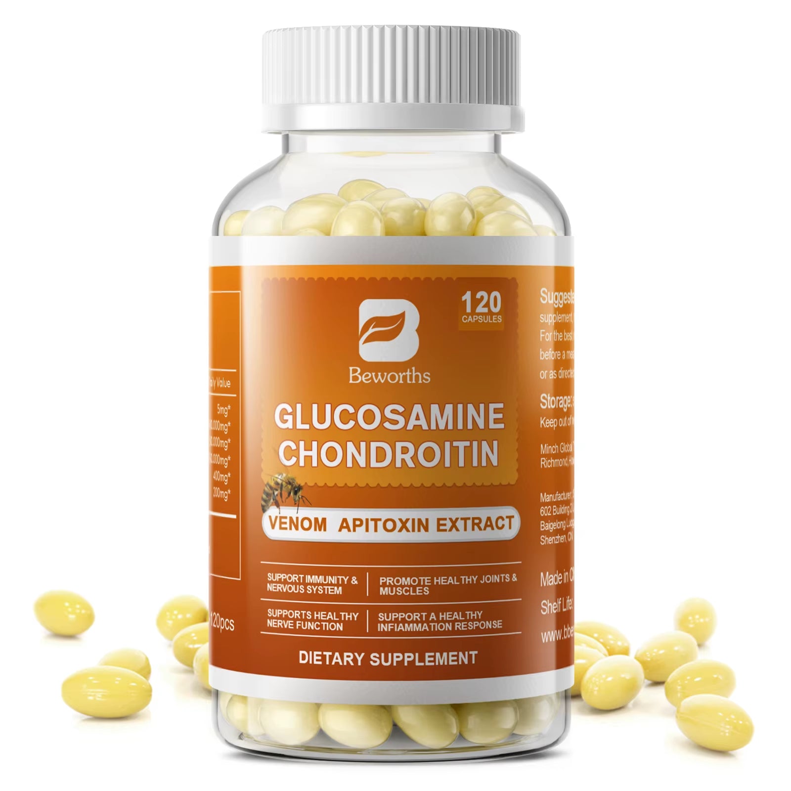 Glucosamine Chondroitin Bee Venom Extract Capsules for Relieve Joint & Knee Pain Relieve Discomfort of Bones and Joint