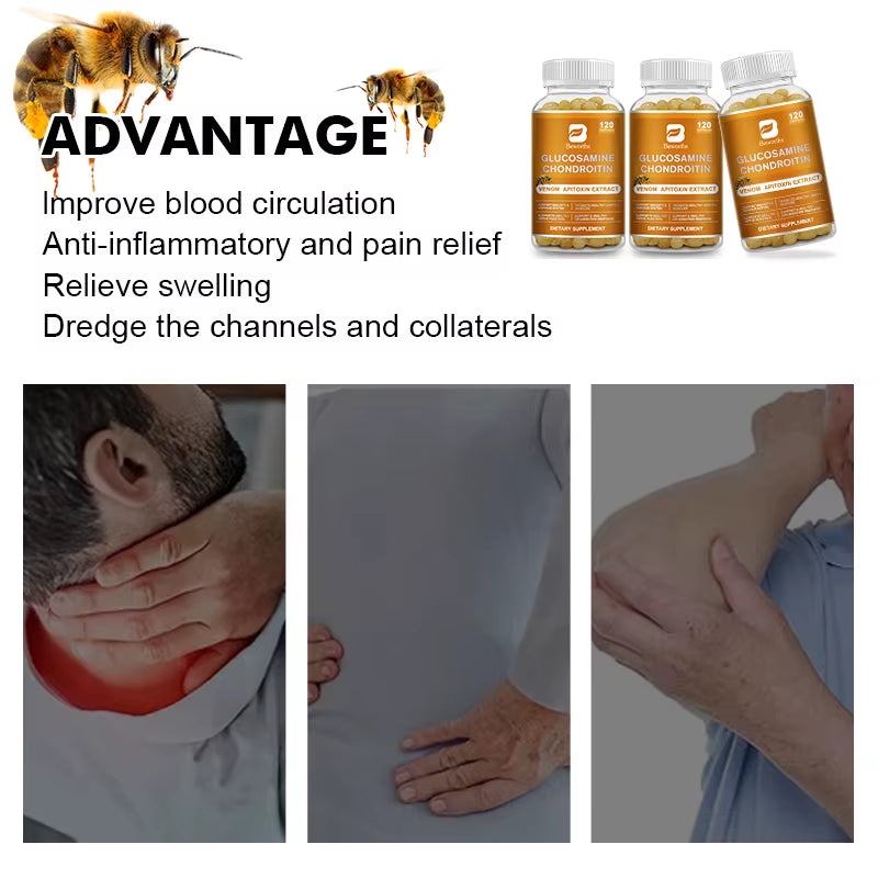 Glucosamine Chondroitin Bee Venom Extract Capsules for Relieve Joint & Knee Pain Relieve Discomfort of Bones and Joint
