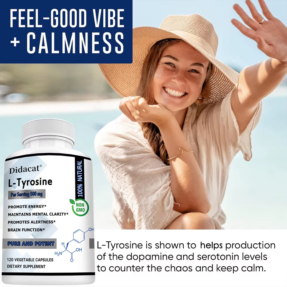 L-Tyrosine 500 Mg,Highly Absorbable,Supports Mood and Focus,Improves Cognitive and Mental Clarity,And Supports Thyroid Function