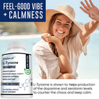 L-Tyrosine 500 Mg,Highly Absorbable,Supports Mood and Focus,Improves Cognitive and Mental Clarity,And Supports Thyroid Function