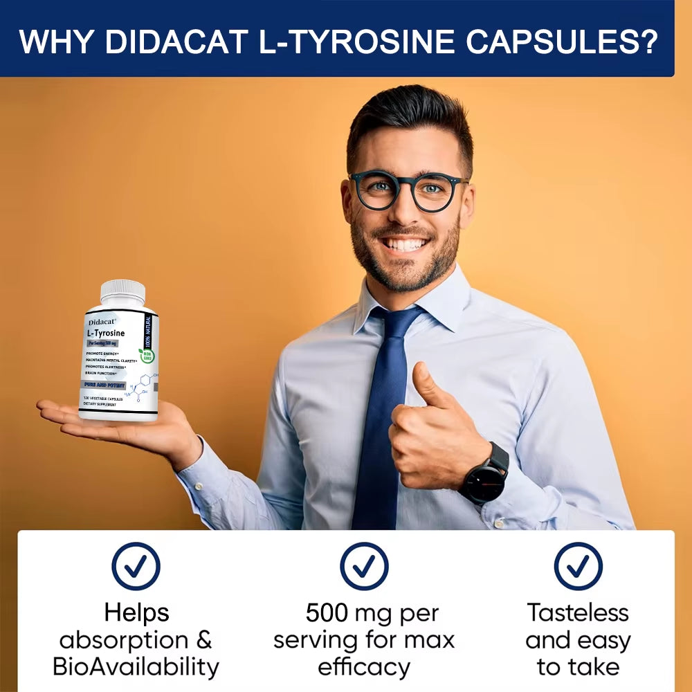 L-Tyrosine 500 Mg,Highly Absorbable,Supports Mood and Focus,Improves Cognitive and Mental Clarity,And Supports Thyroid Function